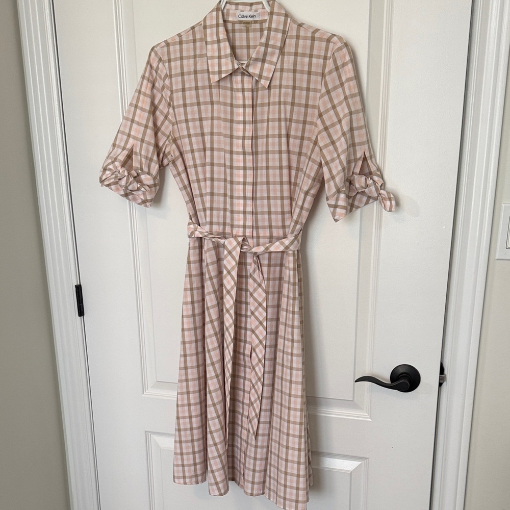 Calvin Klein Beige and Pink Plaid Midi Shirtdress with Tie Waist